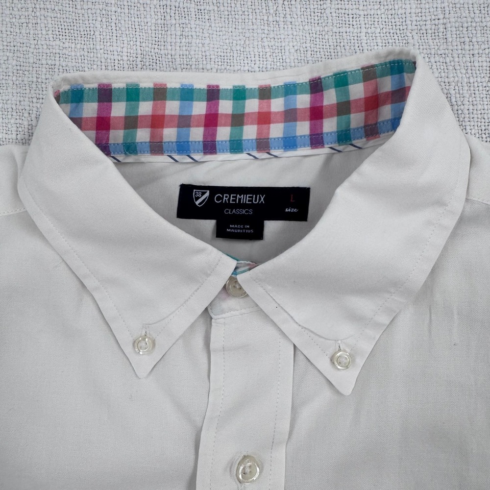 Cremieux Classics Mens‎ L White Short Sleeve Button Down Shirt Plaid Trim